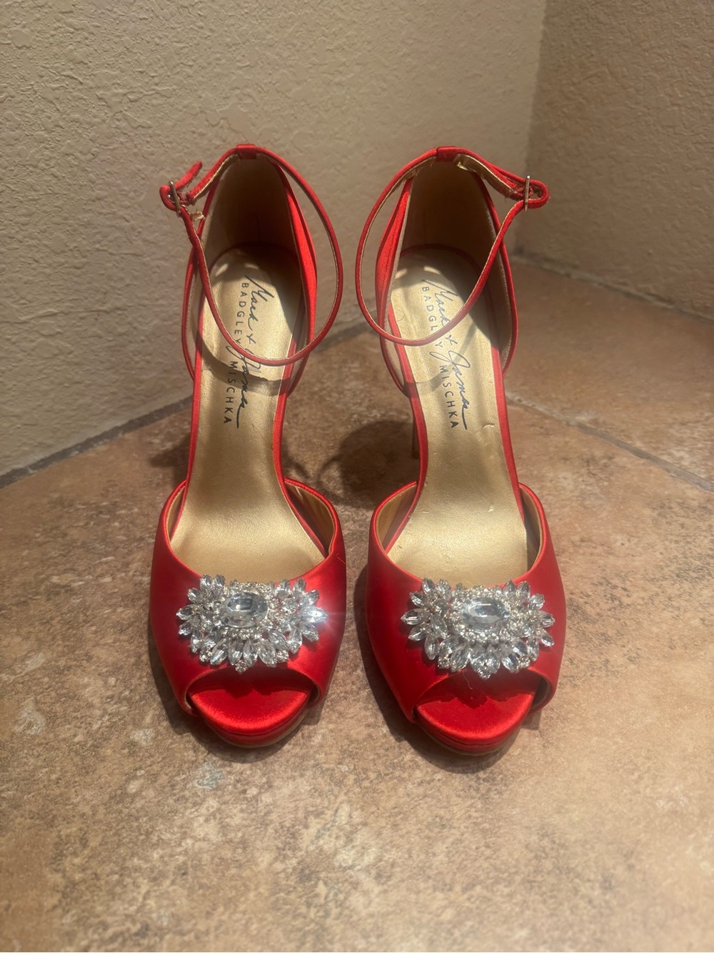 Badgley Mischka Red Satin Peep-Toe Ankle-Strap Heels with Crystal Medallion